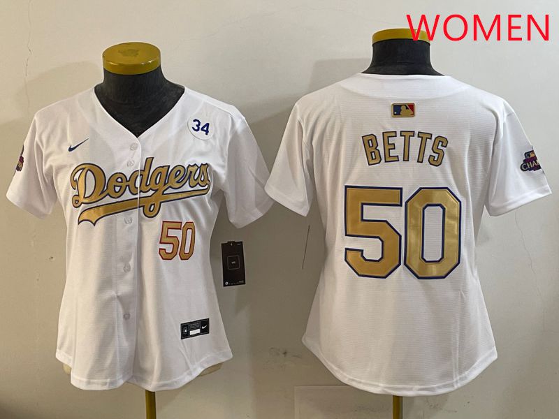 Women Los Angeles Dodgers 50 Betts White Champion gold character 2025 Nike MLB Jersey style 4093